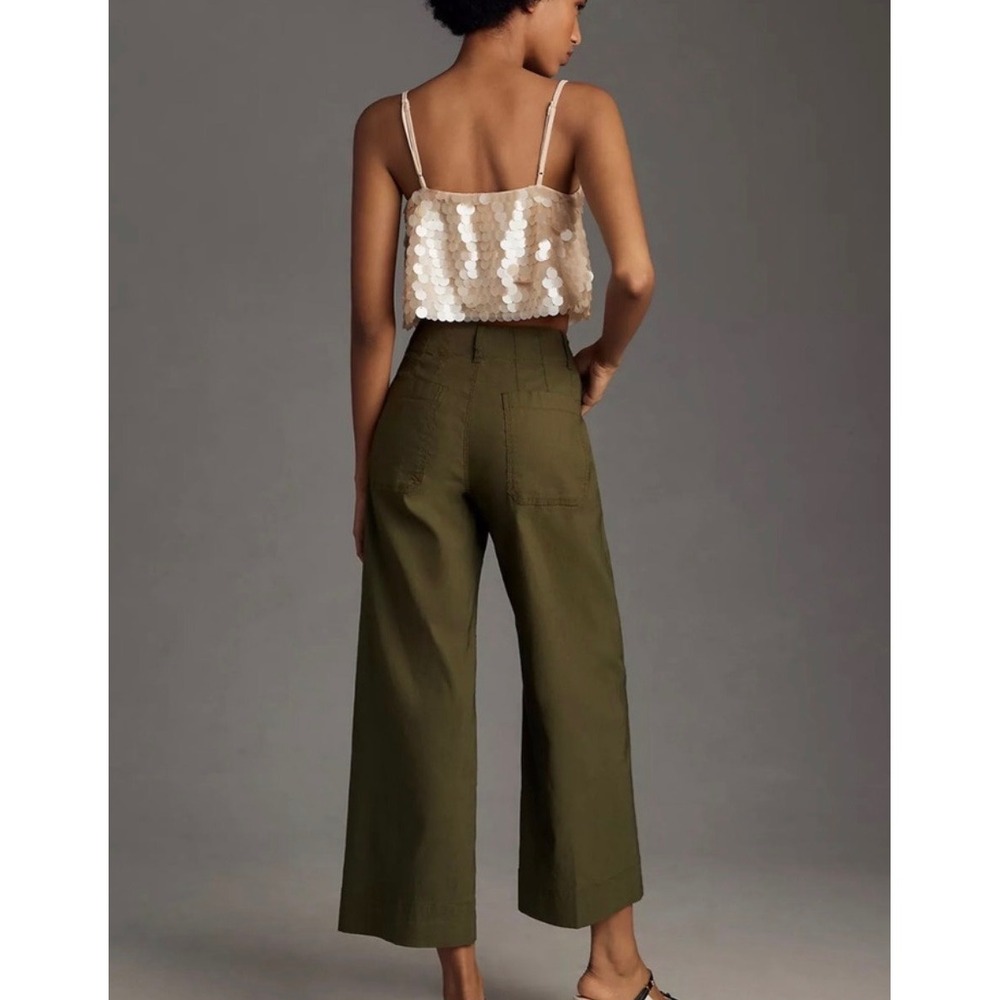 Anthropologie Maeve Colette Cropped Wide Leg Pants Moss Green High Rise Utility - Picture 3 of 7